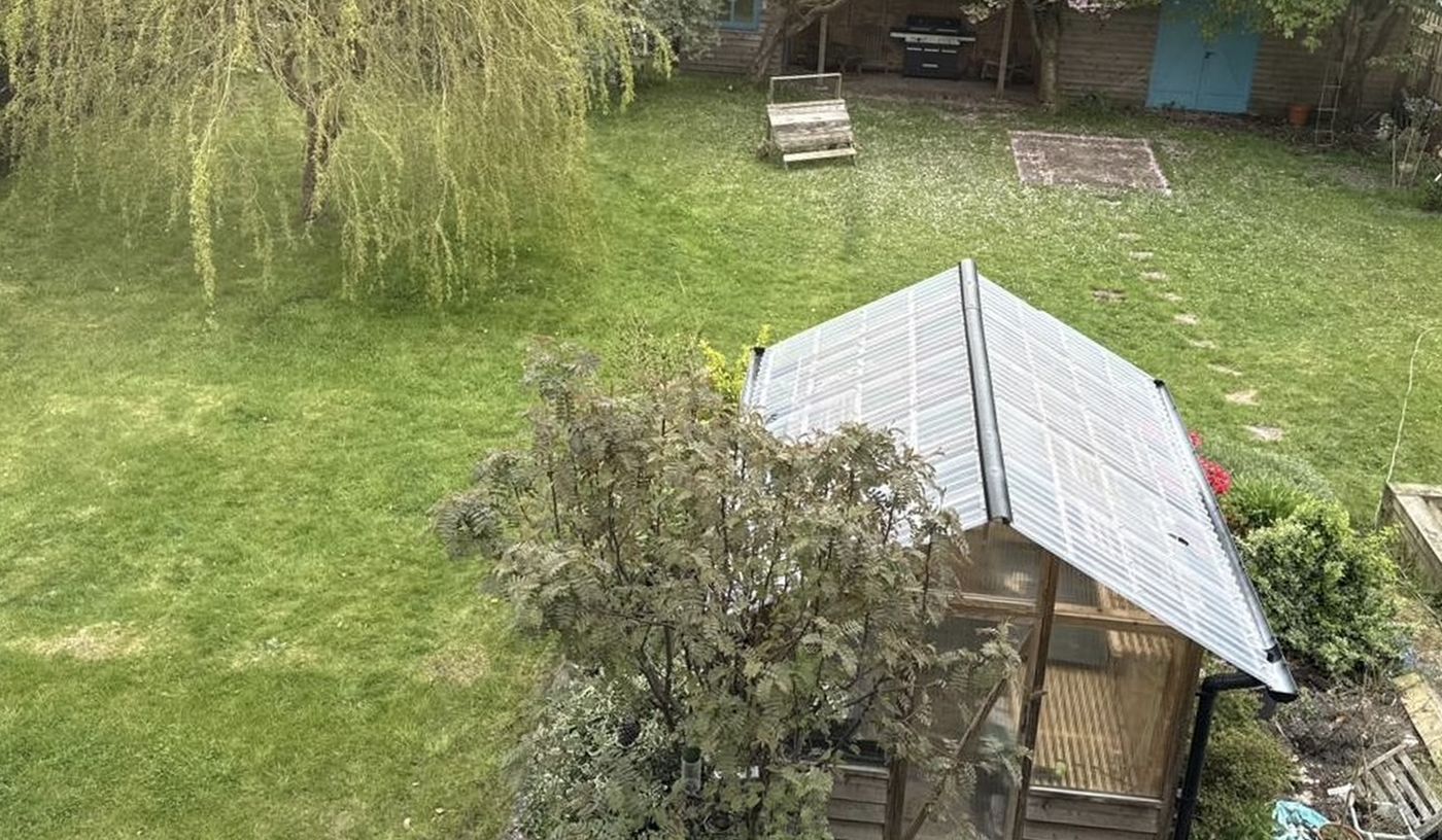 The garden before restoration, with shaggy, uneven grass